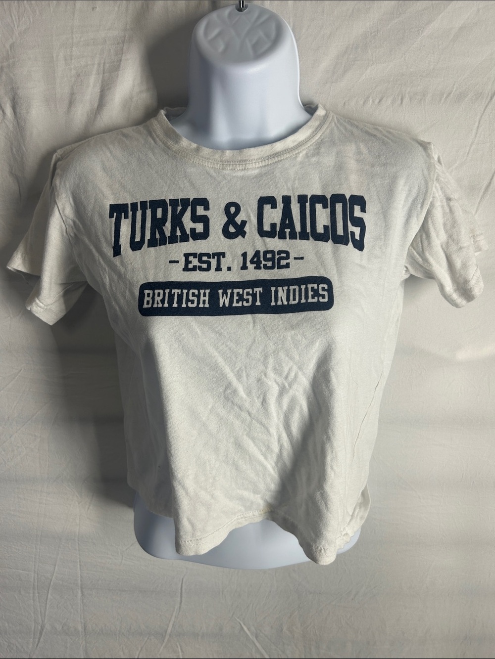 Caribbean White Crop Tee with Navy Turks & Caicos Print
